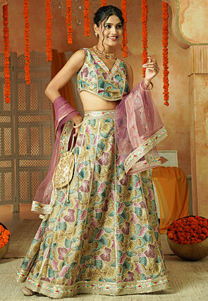 Printed Shimmer Art Silk Lehenga in Multicolor