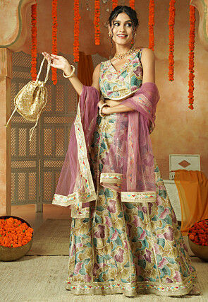 Printed Shimmer Art Silk Lehenga in Multicolor