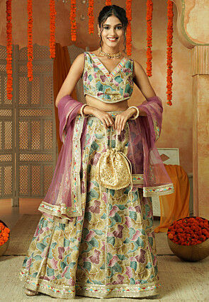Printed Shimmer Art Silk Lehenga in Multicolor