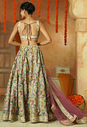 Printed Shimmer Art Silk Lehenga in Multicolor