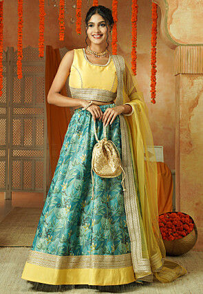 Printed Shimmer Art Silk Lehenga in Shaded Blue