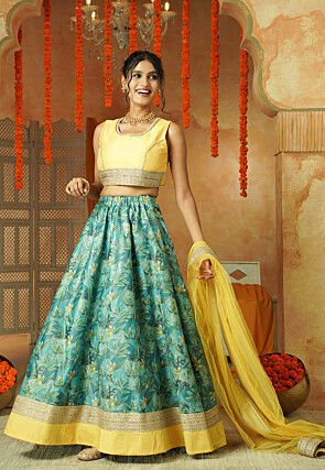 Printed Shimmer Art Silk Lehenga in Shaded Blue