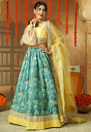 Printed Shimmer Art Silk Lehenga in Shaded Blue