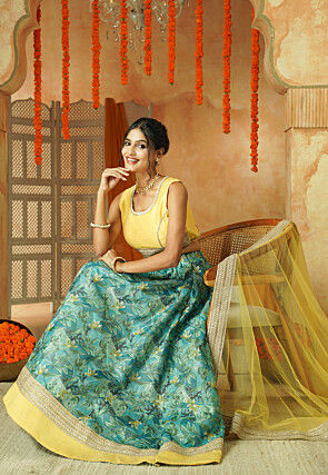 Printed Shimmer Art Silk Lehenga in Shaded Blue