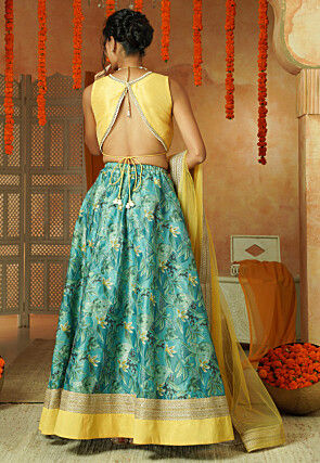 Printed Shimmer Art Silk Lehenga in Shaded Blue