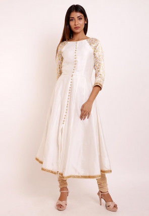 Woven Sleeves Cotton Silk Anarkali Kurta in Off White