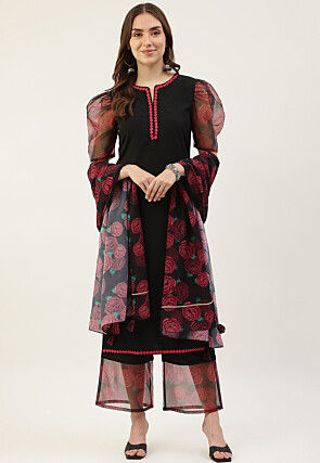 Printed Sleeves Crepe Pakistani Suit in Black
