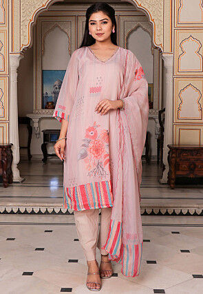 Printed Tabby Silk Pakistani Suit in Beige