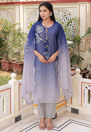 Printed Tabby Silk Pakistani Suit in Blue
