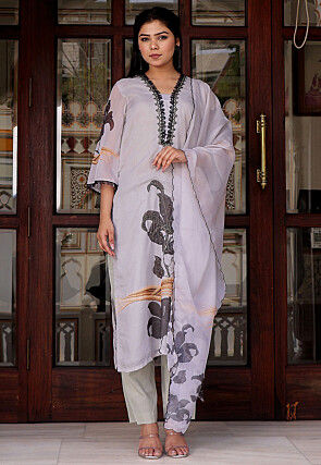 Printed Tabby Silk Pakistani Suit in Grey