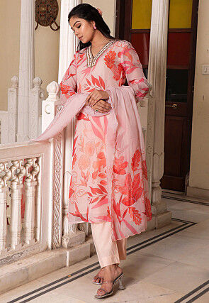 Printed Tabby Silk Pakistani Suit in Peach
