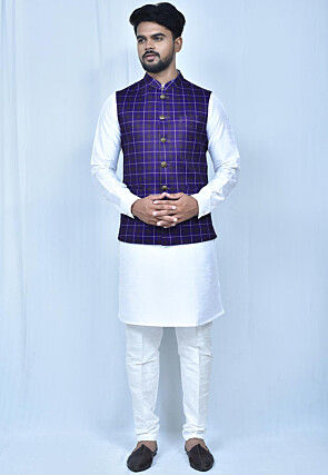 Printed Terry Cotton Nehru Jacket in Navy Blue
