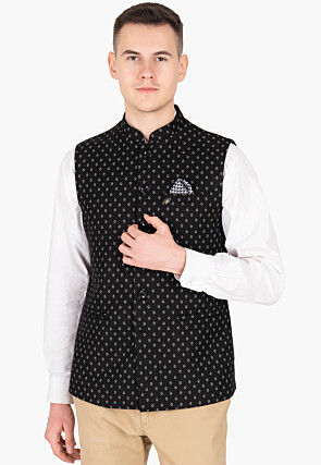 Printed Terry Rayon Nehru Jacket in Black