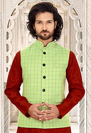 Printed Terry Rayon Nehru Jacket in Light Green