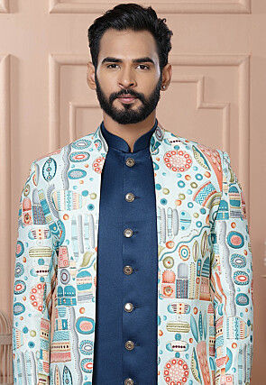 Printed Terry Rayon Sherwani in Teal Blue