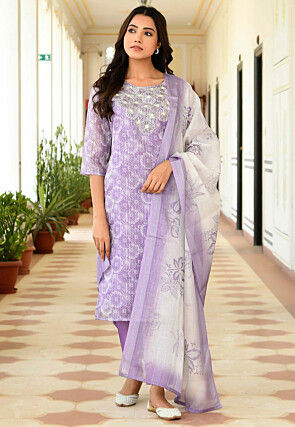 Printed Tissue Linen Pakistani Suit in Light Purple