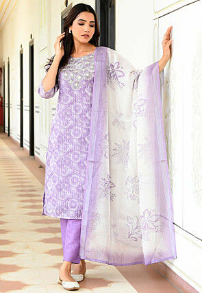 Printed Tissue Linen Pakistani Suit in Light Purple