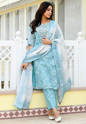 Printed Tissue Linen Pakistani Suit in Pastel Blue