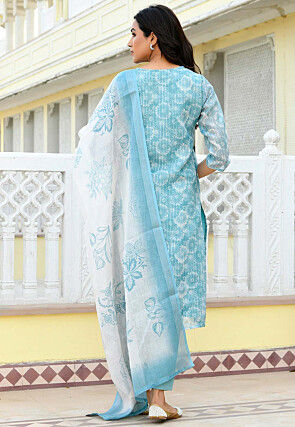 Printed Tissue Linen Pakistani Suit in Pastel Blue