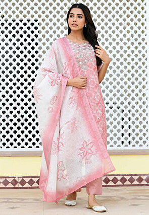 Printed Tissue Linen Pakistani Suit in Pink