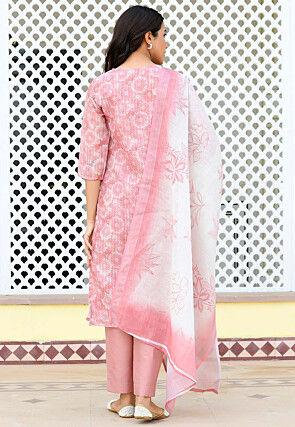 Printed Tissue Linen Pakistani Suit in Pink