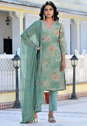 Printed Tissue Silk Pakistani Suit in Dusty Green