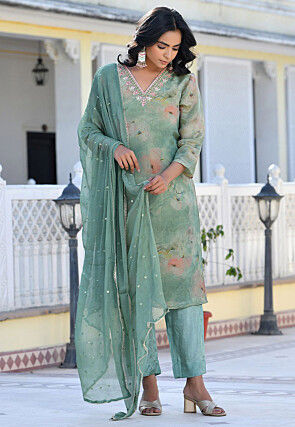 Printed Tissue Silk Pakistani Suit in Dusty Green