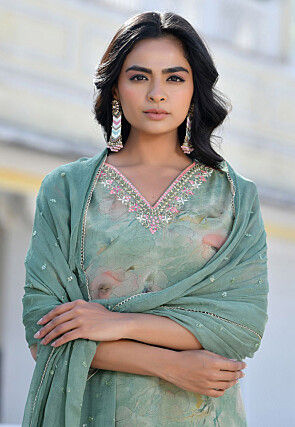 Printed Tissue Silk Pakistani Suit in Dusty Green