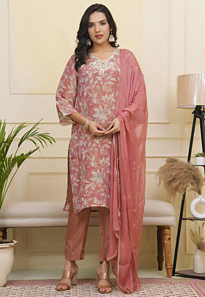 Printed Tissue Silk Pakistani Suit in Pink