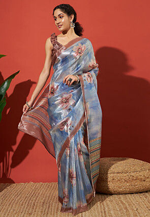 Printed Tissue Silk Saree in Blue