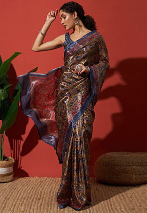 Printed Tissue Silk Saree in Brown