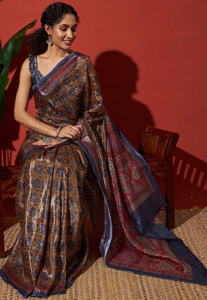 Printed Tissue Silk Saree in Brown