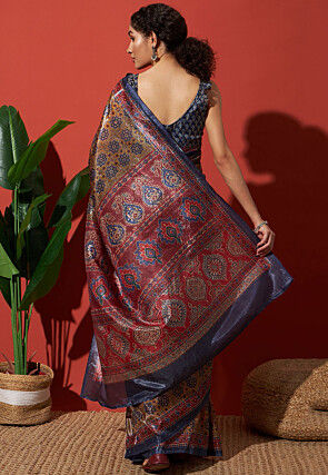 Printed Tissue Silk Saree in Brown