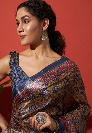 Printed Tissue Silk Saree in Brown