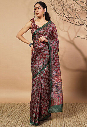 Printed Tissue Silk Saree in Maroon