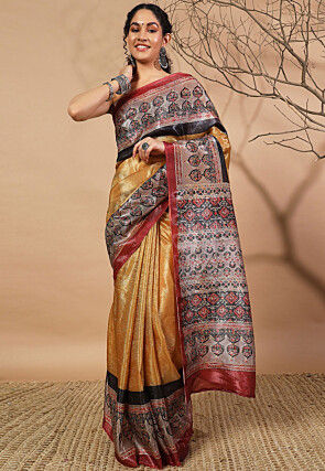 Printed Tissue Silk Saree in Orange