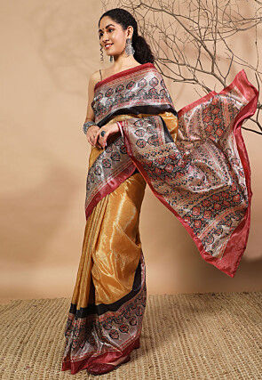 Printed Tissue Silk Saree in Orange