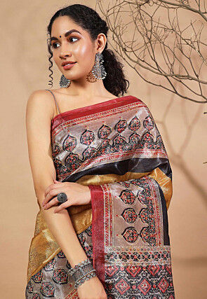 Printed Tissue Silk Saree in Orange