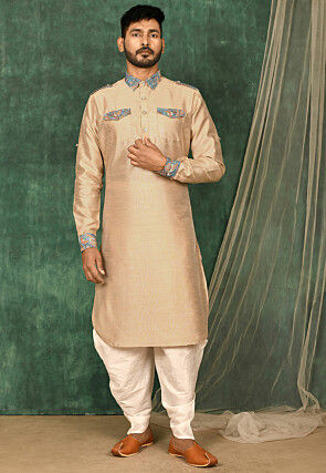 Printed Trim Art Silk Pathani Suit in Beige