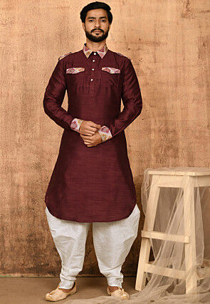 Printed Trim Art Silk Pathani Suit in Maroon