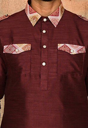 Printed Trim Art Silk Pathani Suit in Maroon