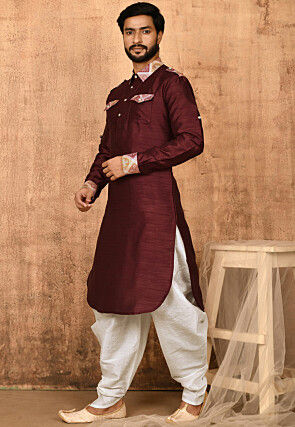 Printed Trim Art Silk Pathani Suit in Maroon