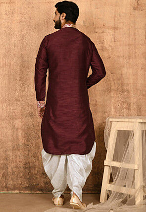 Printed Trim Art Silk Pathani Suit in Maroon