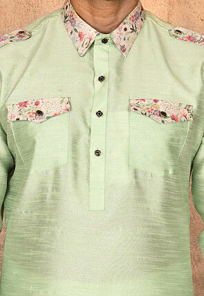 Printed Trim Art Silk Pathani Suit in Pastel Green