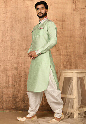 Printed Trim Art Silk Pathani Suit in Pastel Green