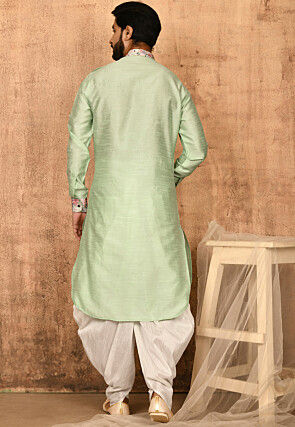 Printed Trim Art Silk Pathani Suit in Pastel Green