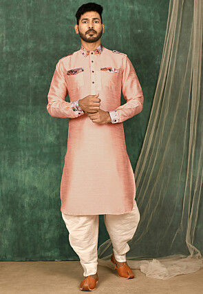 Printed Trim Art Silk Pathani Suit in Peach