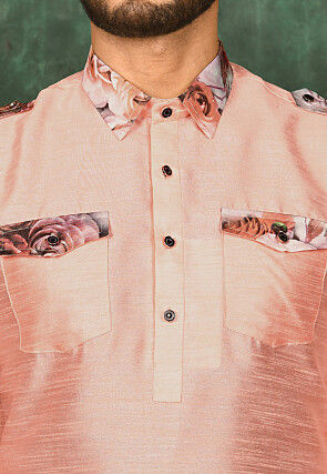 Printed Trim Art Silk Pathani Suit in Peach