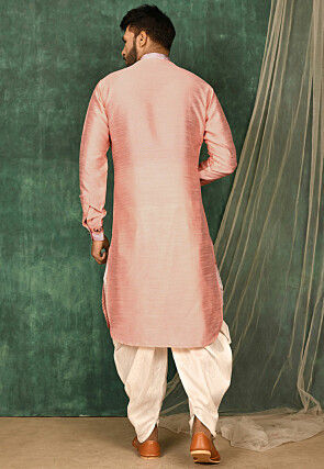 Printed Trim Art Silk Pathani Suit in Peach