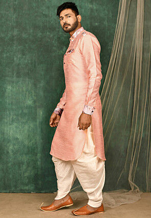 Printed Trim Art Silk Pathani Suit in Peach
